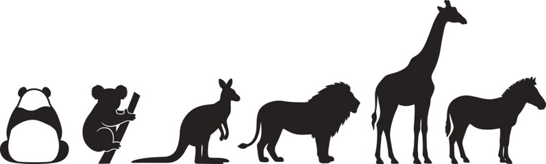 Wild animals silhouette set with panda koala kangaroo lion giraffe zebra © Shoaib