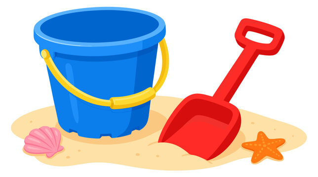Bright plastic beach bucket and a matching digging shovel for children's summer play, flat vector illustration of colorful sand toys for seaside vacation and outdoor childhood activities.