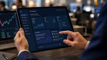 Fototapeta premium Business professional uses a tablet AI assistant dashboard showing messages, tasks, calendar events, analytics, suggested actions, and colorful charts in a modern office