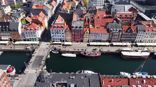 Scenic view of Nyhavn canal colorful townhouses and bridge, Copenhagen, Denmark