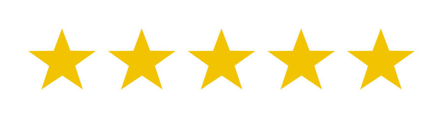 Obraz premium Gold star rating bar with five yellow stars. Transparent PNG for review badges, feedback ratings, score icons, and positive testimonial vector design