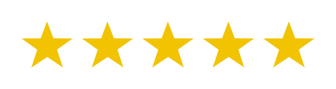 Gold star rating bar with five yellow stars. Transparent PNG for review badges, feedback ratings, score icons, and positive testimonial vector design