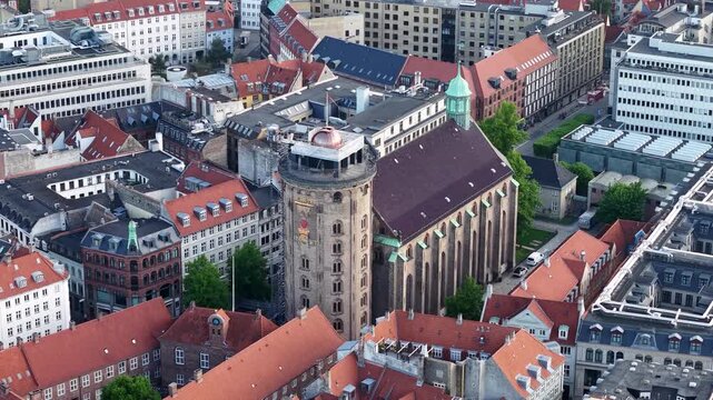 Aerial view of Rundetaarn (Roundtower) building, Copenhagen city, Denmark