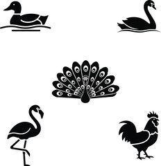 Black silhouettes of swan, duck, peacock, flamingo, and rooster © Rubel
