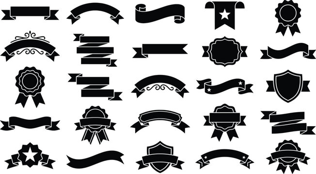 Vintage black ribbon banners and award badges set, 25 vector banner elements, decorative heraldic shield and seal icons for labels and certificates