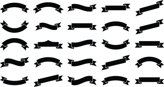 Vintage black ribbon banners set, 25 decorative scroll silhouettes, classic curved flag shapes for labels and titles, vector eps graphic collection