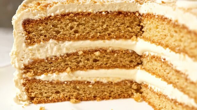 Close-up cross-section of layered sponge cake with thick creamy vanilla buttercream frosting and crumbs, showing the internal structure of the delicious sweet dessert