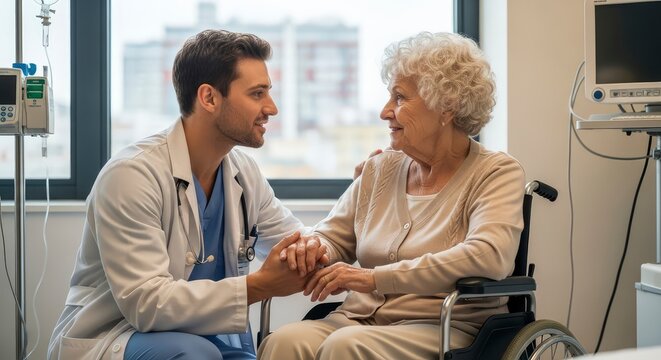 Compassionate male doctor holding the hands of a senior woman in a wheelchair, providing emotional support in a hospital setting.