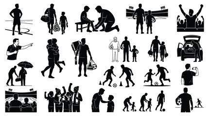 Soccer silhouettes depicting players fans and related scenes in black and white football futbol player athlete sportsman coach referee fan spectator stadium goal kickoff match © FOR YOU