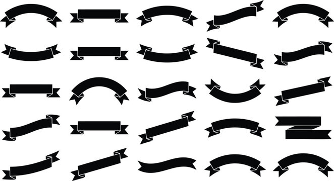 Vintage black ribbon banner set, collection of 25 decorative scroll silhouettes, classic heraldic ribbon elements for graphic design and branding