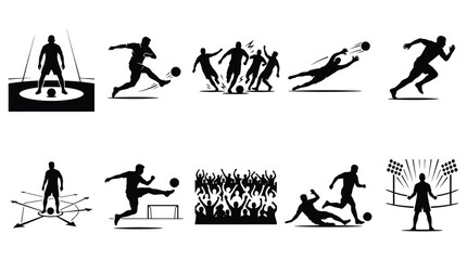 Fototapeta premium Soccer player silhouettes depicting game action black vector illustration on white background football players silhouette graphic sports athletic competition match kicking running jumping scoring goal