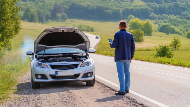Roadside assistance needed, Broken down car, Vehicle engine failure, Driver calling for help, Emergency warning triangle, Overheating car engine, Stranded on the highway, Waiting for tow truck