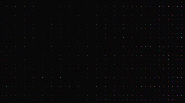 A high tech grid of multicolored micro symbols and neon geometric icons flickers across a black void in a seamless 3D animation dataviz loop