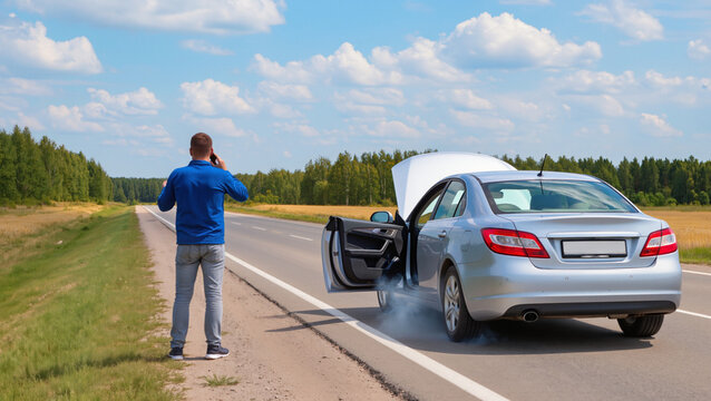 Roadside assistance needed, Broken down car, Vehicle engine failure, Driver calling for help, Emergency warning triangle, Overheating car engine, Stranded on the highway, Waiting for tow truck