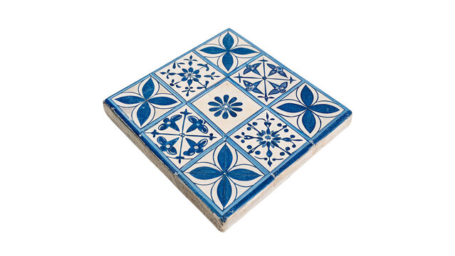 Traditional blue and white ceramic tile pattern isolated on a transparent background azulejo decor asset