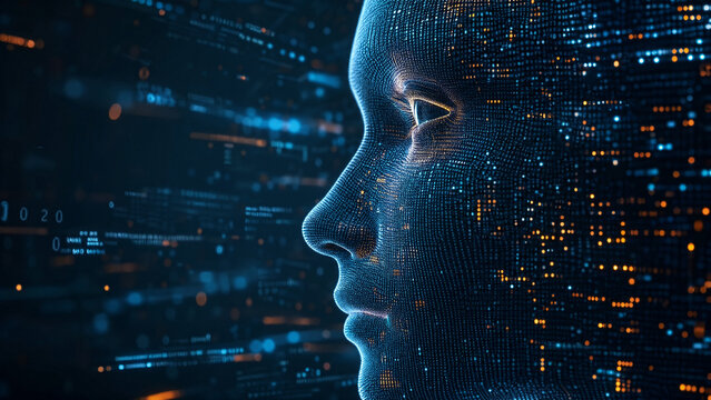 Ethereal abstract digital human face emerging from a cloud of floating data particles and glowing geometric shapes, depicting the birth of digital consciousness and AI evolution in 4K resolution.