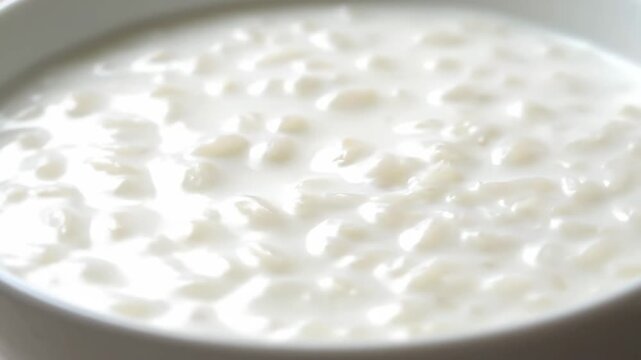 Creamy rice pudding dessert close-up. sweet, comforting homemade dish showing milky white texture and cooked rice grains in a macro high-key shot.