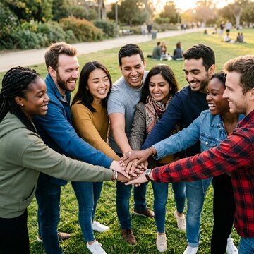 Diverse group of friends in a park, hands in the middle, unity and togetherness