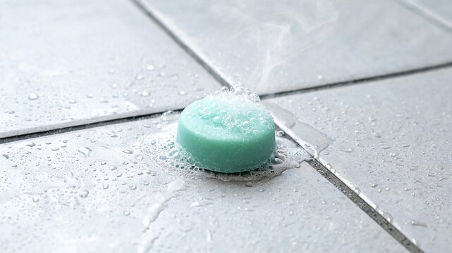 Active fizz on a shower floor tile with soft steam and clean droplets