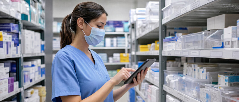 Profile view of a male doctor wearing a N95 respirator mask and sterile cap, focused on performing a critical procedure in a modern operating room with bright surgical lights and advanced tech.