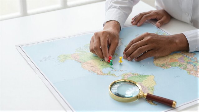 Hands pin map, magnifying glass nearby  planning global journey or strategy.