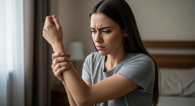 Young woman suffering from wrist pain and discomfort sitting in her bedroom, carpal tunnel syndrome or joint injury concept