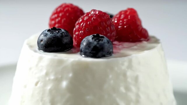 Gourmet cream dessert garnished with fresh raspberries and blueberries. close-up macro shot of luxurious sweet treat on a white background.