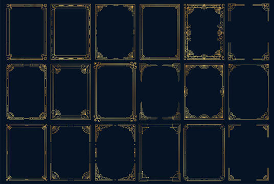 Collection of vintage thin gold frames, borders, labels. Art deco rectangle gold frame for nvitations, packaging luxury decorative templates. 