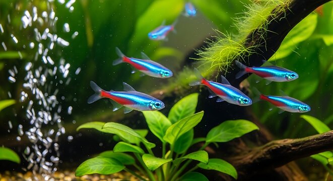 Neon tetra fish swimming in aquarium