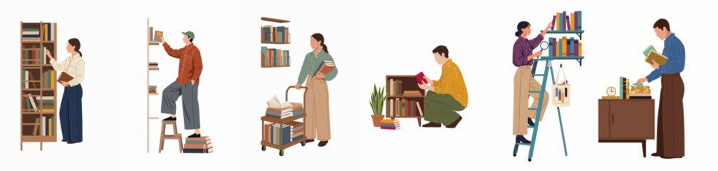 Set of people engaged in various library activities, including reading, organizing bookshelves, and searching for books in a minimalist flat illustration style. © Siji