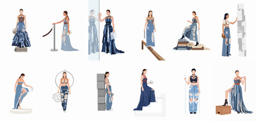 Obraz premium Set of Twelve Fashion Illustrations Showcasing Women in Avant-Garde Denim and Harness Outfits in Various Poses on a Clean White Background
