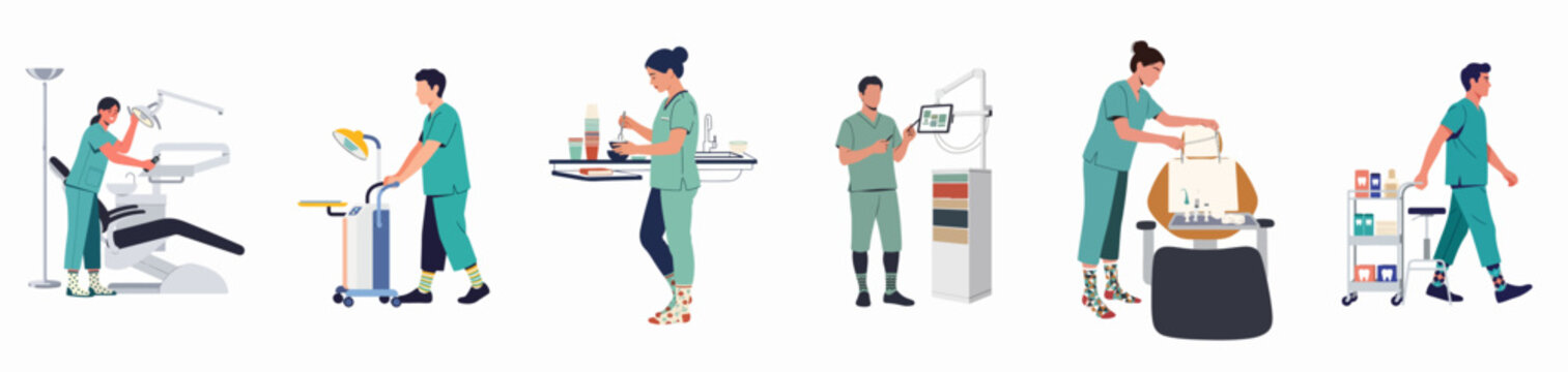 Flat illustration set of dental clinic staff in scrubs performing various tasks like equipment setup, patient preparation, and supply management.