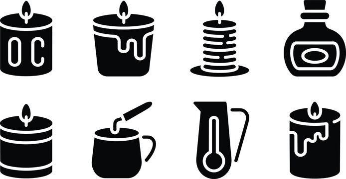 Essential oil and home decor, candle, and making icons set in outline style