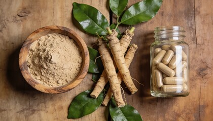 Fototapeta premium Ashwagandha Powder with Roots and Capsules in Glass Jar