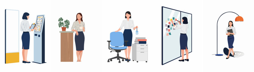 Obraz premium Set of flat vector illustrations featuring a professional businesswoman in various office activities and work environments on a white background.