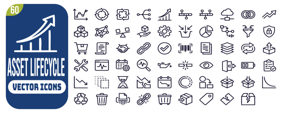Asset lifecycle icon set. Editable line icons. Vector illustration.