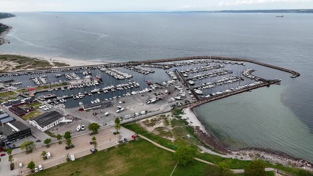 Flight over marina harbor full of sailboats, Helsingor city, Denmark