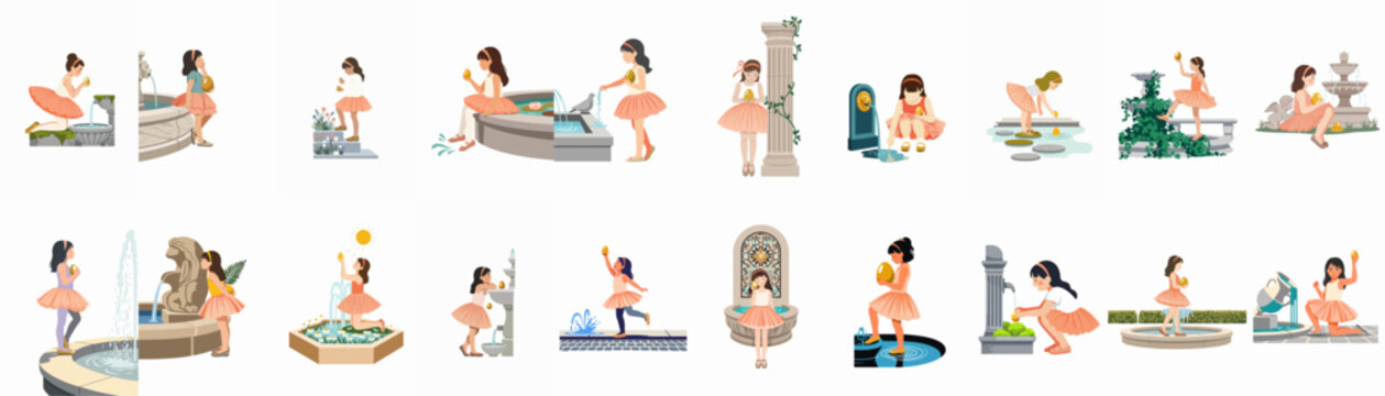 Set of flat illustrations depicting a young girl in a tutu exploring garden fountains and finding a golden egg during Easter.