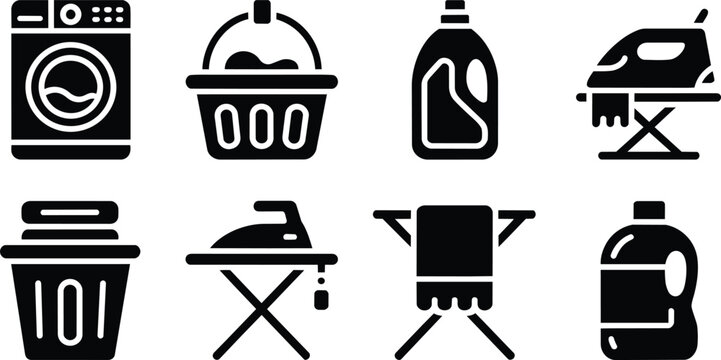 Laundry care icons set including washing machine, basket, ironing board and detergent and supplies, with clothes, and table