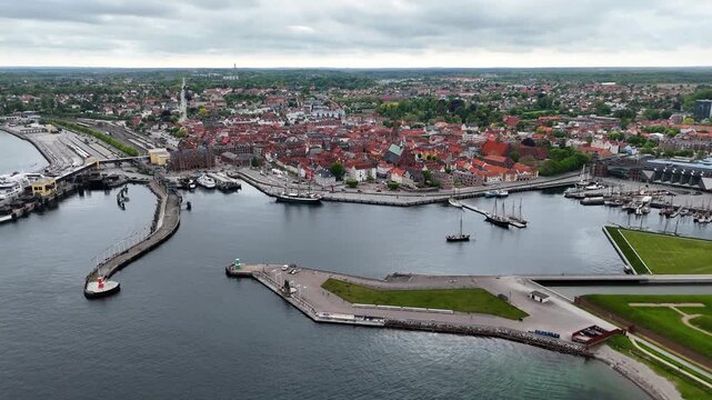 Drone shot of harbor and waterfront cityscape, Helsingor city, Denmark