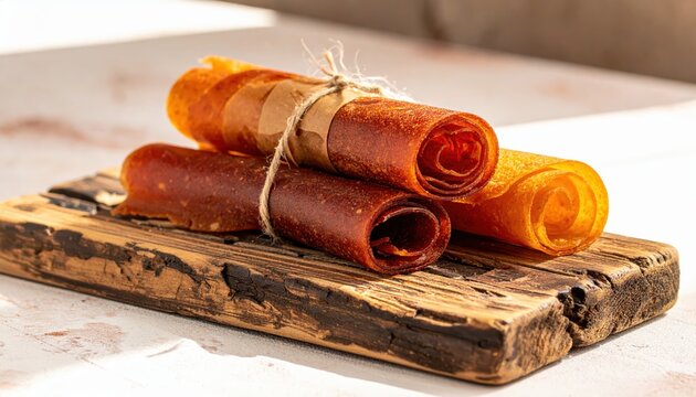 Thin rolled fruit leather ribbons tied with edible twine on rustic wooden board, a delicious homemade healthy snack