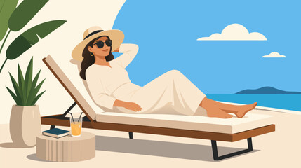 Obraz premium Minimalist flat vector illustration of a modern sunbed lounge chair with a comfortable design, perfect for summer vacation, beach relaxation, outdoor furniture, and luxury resort concepts.