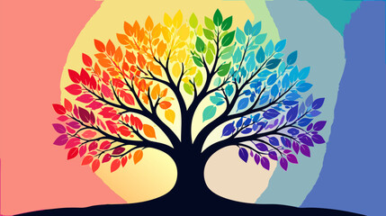 Naklejka premium Vibrant Tree Silhouette with Multicolored Leaves, Artistic Flat Vector Illustration Symbolizing Diversity, Growth, and Seasonal Change, Isolated Graphic for Eco-Friendly Design and Nature Concepts.