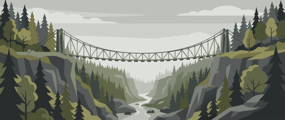 Naklejka premium Flat vector illustration of a scenic suspension bridge spanning across a deep rocky gorge surrounded by lush green pine forests under a clear blue sky, majestic mountain landscape scenery.