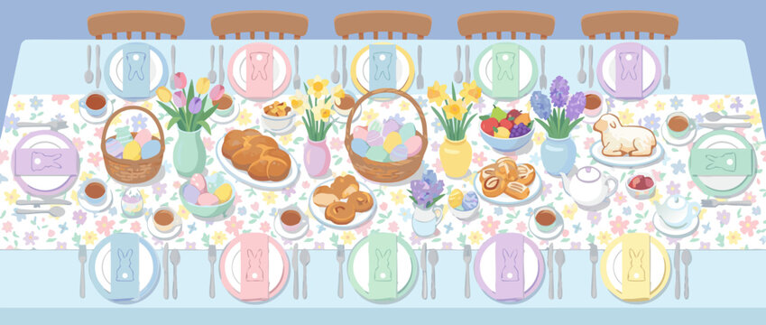 Flat Vector Illustration of a Traditional Easter Brunch Table Setting with Decorated Eggs Spring Flowers Pastries and Festive Decorations for a Family Celebration and Seasonal Holiday Gathering