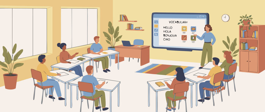 Flat Vector Illustration of a Modern Language Classroom with Diverse Students and a Digital Smart Board Showing Foreign Vocabulary During a Collaborative Educational Learning Session