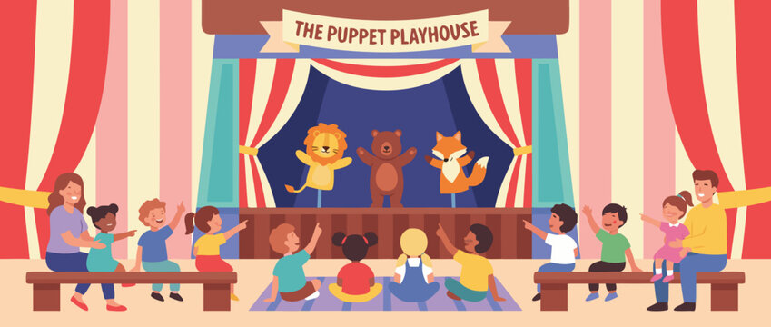 Flat vector illustration of a childrens puppet theater show with a colorful audience watching a playful performance on a wooden stage with red curtains and diverse hand puppets acting.