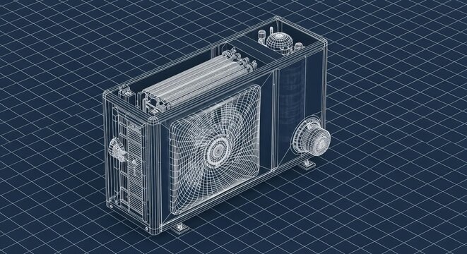 Wireframe illustration of a computer server with fan and components