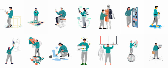 Vector illustration set featuring diverse people working in digital technology, 3D modeling, virtual reality, user interface design, and modern creative professions. © Juan