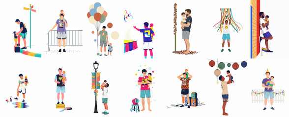 Naklejka premium Vector illustrations of diverse fathers celebrating with their babies at festivals featuring balloons, bubbles, lanterns, and outdoor summer activities on a white background.